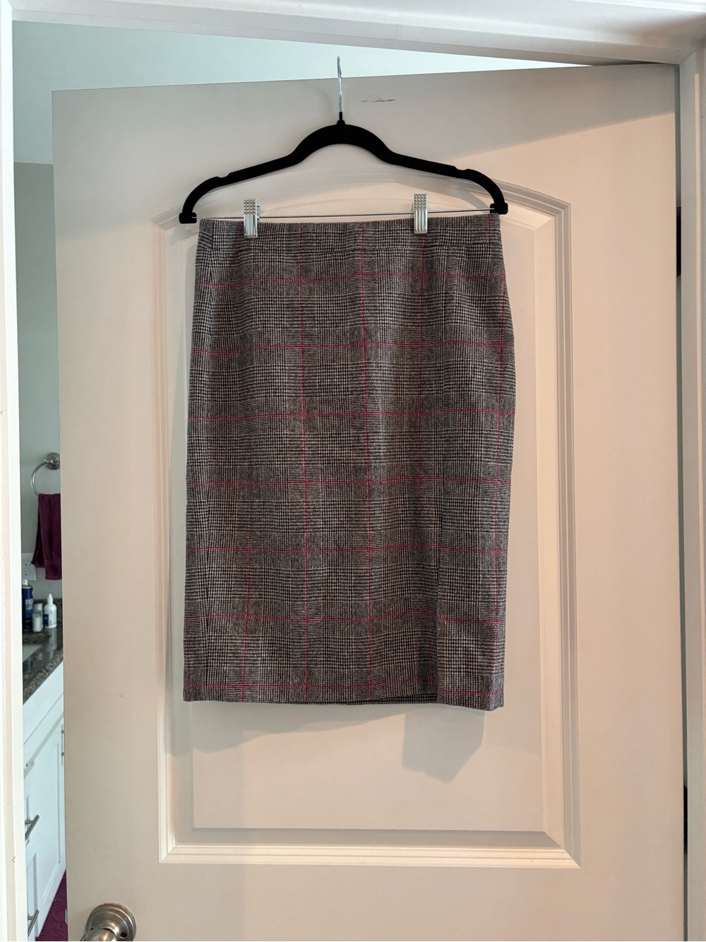 J. Crew Factory Gray Plaid Pencil Skirt with Pink Windowpane